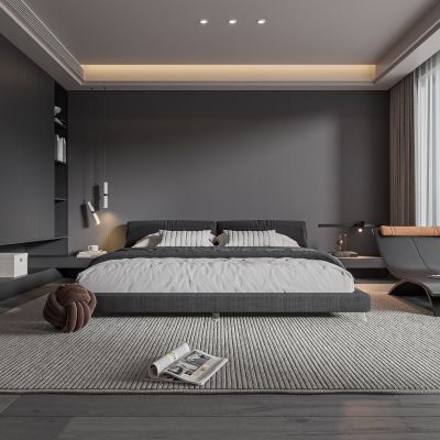 现代卧室 双人床 饰品 床头灯 造形吊顶 造型衣柜