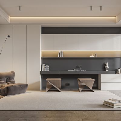 现代书房 书柜 书桌 椅子 装饰品