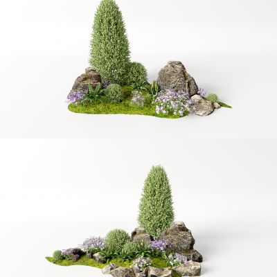 组团小景模型  现代植物堆 球形灌木 带花灌木植物组合