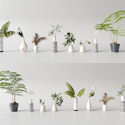 现代花瓶 花朵 文竹 文艺花瓶 桌面摆设组合3d