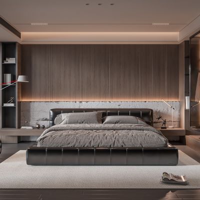 现代卧室 双人床 饰品 落地灯 造形吊顶 造型衣柜