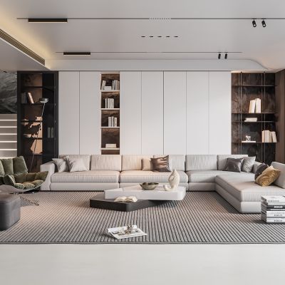 现代客厅 无主灯客厅 沙发组合 茶几组合 饰品摆件 楼梯