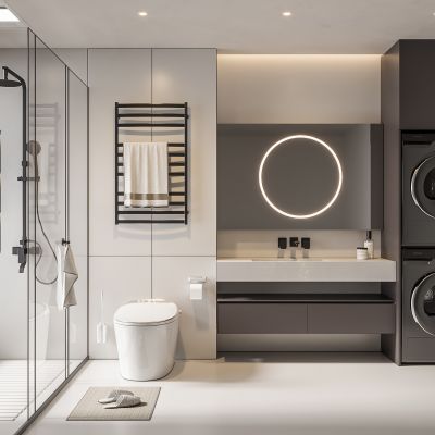 现代卫生间 马桶 浴室柜 洗脸盆 智能镜 玻璃隔断 洗衣机