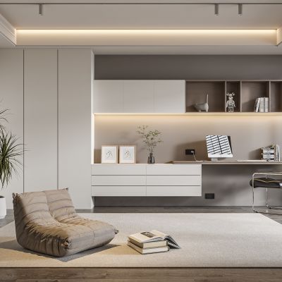 现代书房 书柜 书桌 椅子 装饰品