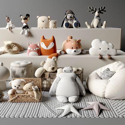 su现代抱枕 玩偶 小鹿玩偶 坐凳 懒人沙发 梦游娃娃3d模型组合