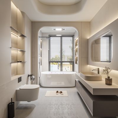 现代卫生间 马桶 浴室柜 洗脸盆 智能镜 玻璃隔断 