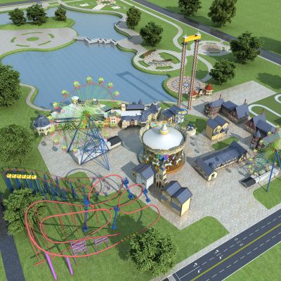 现代儿童游乐场 大型游乐园 旋转木马 过山车 公园广场3D模型