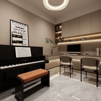 现代书房，书房，书桌，书柜