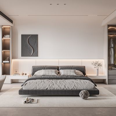 现代卧室 双人床 饰品 床头灯 造形吊顶 造型衣柜