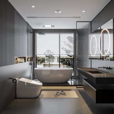 现代卫生间 马桶 浴室柜 洗脸盆 智能镜 玻璃隔断 浴缸