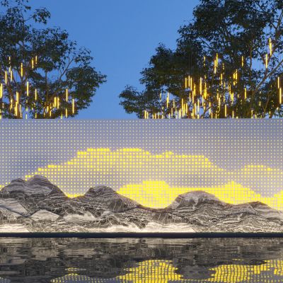 新中式景墙 雪浪石 树灯3D模型