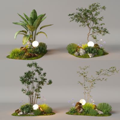 3d现代植物堆 组团小景模型  现代植物堆 庭院小景 草坪组团花草 植物组合