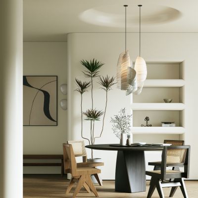 侘寂餐厅 餐桌 餐椅 吊灯 装饰画 装饰柜