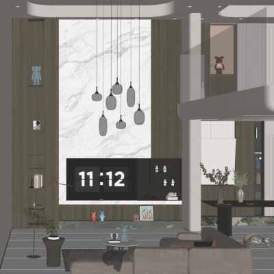 轻奢奶油风别墅跃层岩板电视墙客厅