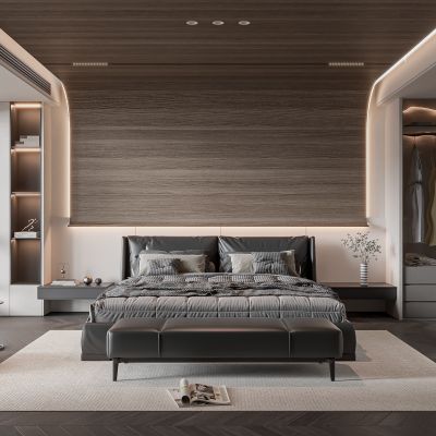 现代卧室 双人床 饰品 床头灯 造形吊顶 造型衣柜