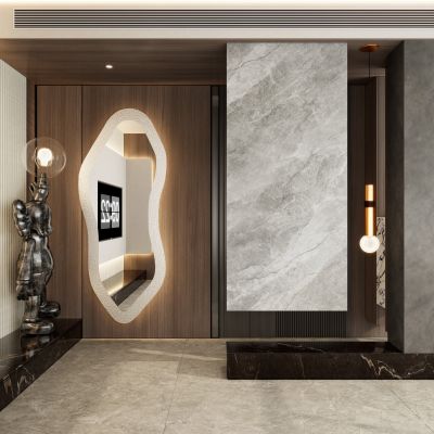 意式轻奢风造型镜子岩板隔断玄关