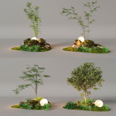 3d现代组团小景模型  景观植物堆 公园小景组合 庭院小景植物组团