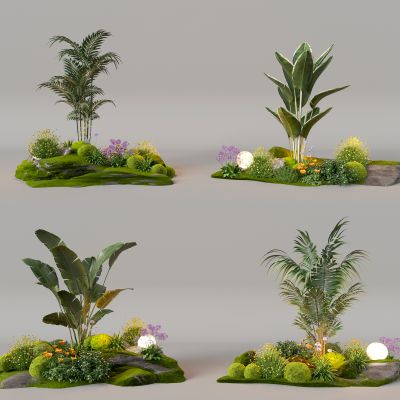 植物组合 ，庭院小景， 景观石 ，花圃 ，草坪景观，庭院景观， 组团小景模型 ， 现代植物堆， 球形灌木， 带花灌木植物3d模型组合