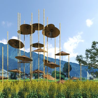 新中式户外竹构油纸伞雕塑小品3D模型