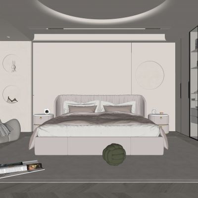 现代卧室 奶油风卧室 双人床 饰品 床头灯 造形吊顶 造型衣柜