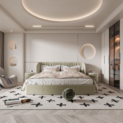 现代卧室 奶油风卧室 双人床 饰品 床头灯 造形吊顶 造型衣柜