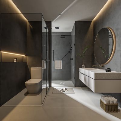 现代卫生间 马桶 浴室柜 洗脸盆 镜柜 玻璃隔断