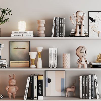 现代饰品摆件组合，书，玩具，玩偶，盆栽画，雕塑