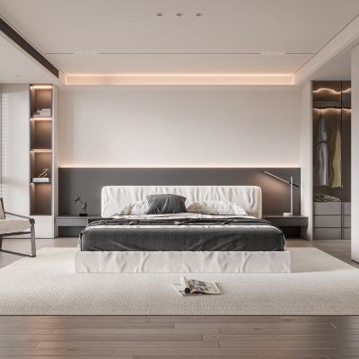 现代卧室 双人床 饰品 床头灯 造形吊顶 造型衣柜