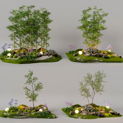 植物组合 ，庭院小景， 景观石 ，花圃 ，草坪景观，庭院景观， 组团小景模型 ， 现代植物堆， 球形灌木， 带花灌木植物3d模型组合