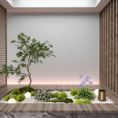 现代室内组团小景模型  现代植物堆 球形灌木 苔藓球  带花灌木植物组合