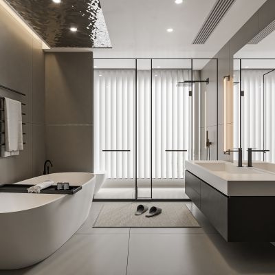 现代卫生间 马桶 浴室柜 洗脸盆 镜柜 玻璃隔断 浴缸