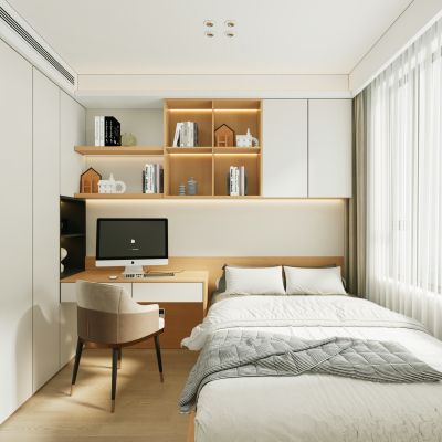 现代榻榻米卧室 单人床 布艺单椅 电脑 装饰柜