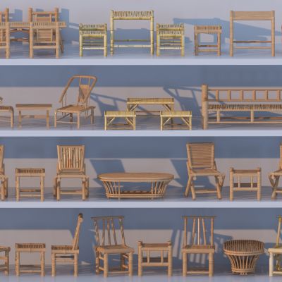 新中式竹编桌椅组合3D模型