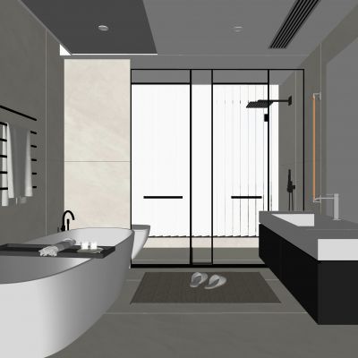 现代卫生间 马桶 浴室柜 洗脸盆 镜柜 玻璃隔断 浴缸