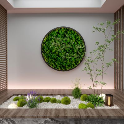 3d现代室内组团小景模型  现代植物堆 球形灌木 苔藓球  带花灌木植物组合