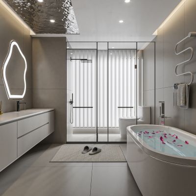 现代卫生间 马桶 浴室柜 洗脸盆 智能镜 浴缸 玻璃隔断