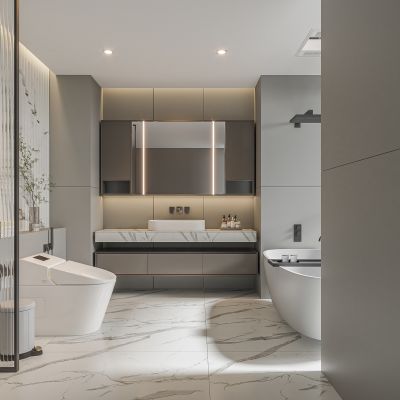 现代卫生间 马桶 浴室柜 洗脸盆 镜柜 玻璃隔断