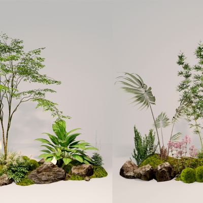 3d现代室内组团小景模型  现代植物堆 球形灌木 苔藓球  带花灌木植物组合