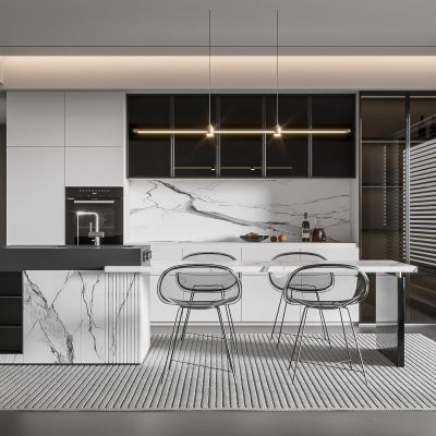 现代家居餐厅 餐桌椅组合 酒柜组合 吊灯 饰品 中岛餐桌