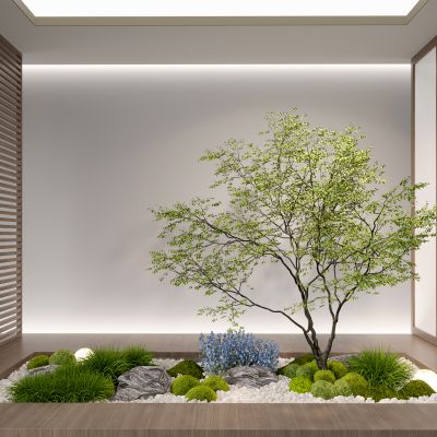 现代室内组团小景模型  现代植物堆 球形灌木 苔藓球  带花灌木植物组合