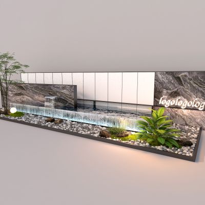 现代景观背景墙 植物小景 植物水景 鹅卵石模型组合