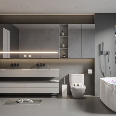 现代卫生间 马桶 浴室柜 洗脸盆 智能镜 浴缸 玻璃隔断