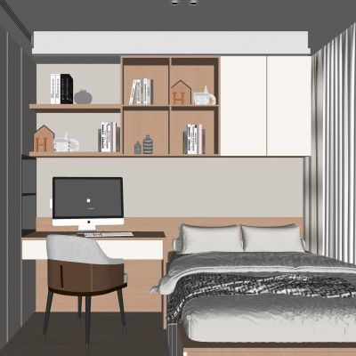 现代榻榻米卧室 单人床 布艺单椅 电脑 装饰柜