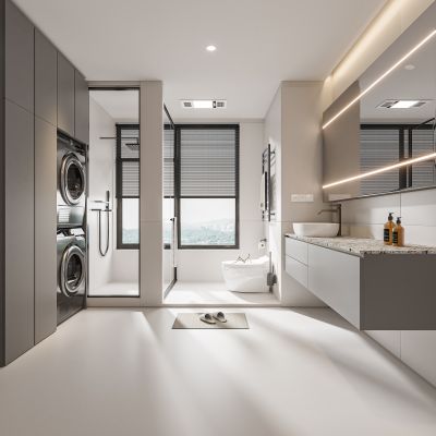 现代卫生间 马桶 浴室柜 洗脸盆 智能镜 洗衣机 烘干机 玻璃隔断