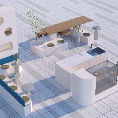 现代吧台服务台奶茶店桌椅甜品店桌椅3D模型