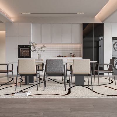 现代家居餐厅 餐桌椅组合 酒柜组合 吊灯 饰品 洗烘一体机