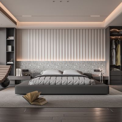 现代卧室 双人床 饰品 休闲椅 床头吊灯 无主灯造形吊顶 衣