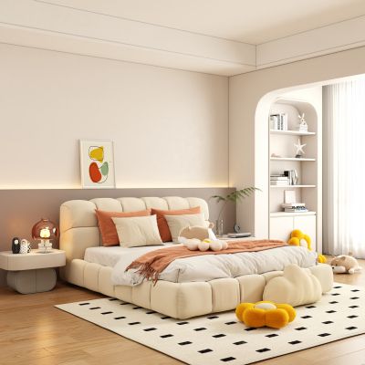 现代奶油风双人床床头柜组合