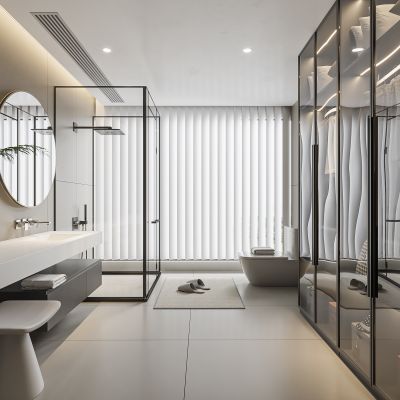 现代卫生间 马桶 浴室柜 洗脸盆 智能镜 衣柜 玻璃门 玻璃隔断