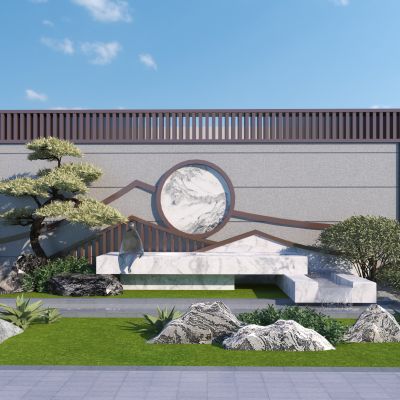 新中式水景墙_叠水景墙3D模型